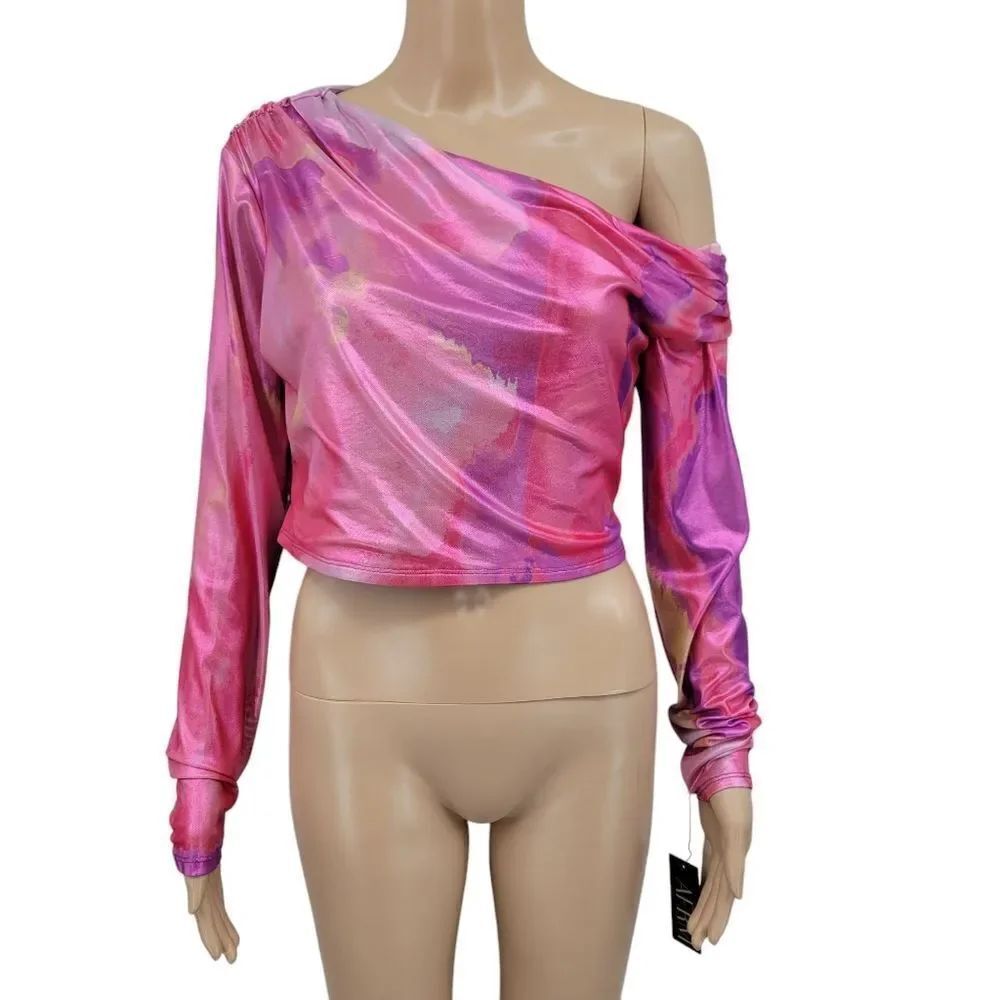 AFRM Metallic Pink and Purple One Shoulder Cropped Women's Large Top